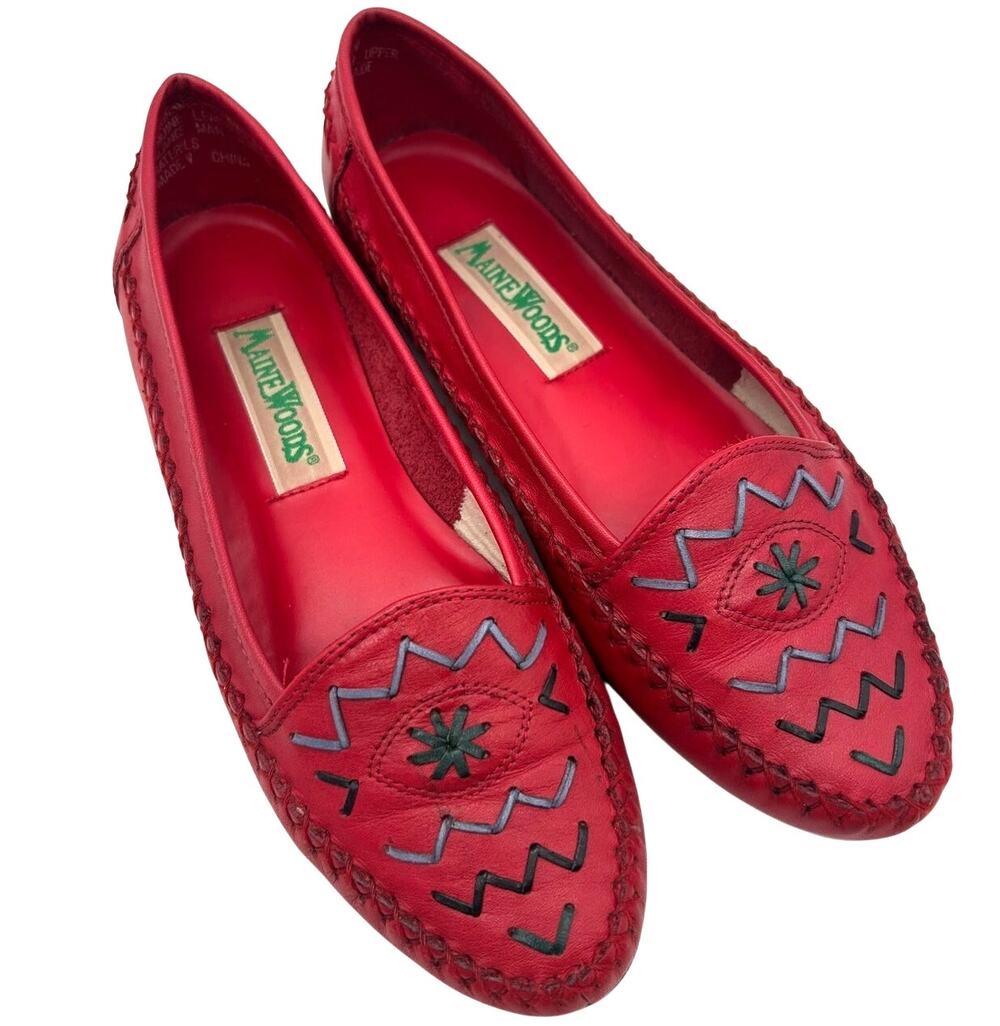 Vintage Maine Woods 90s Leather Embroidered Flats SIZE 8 Southwestern Artisan